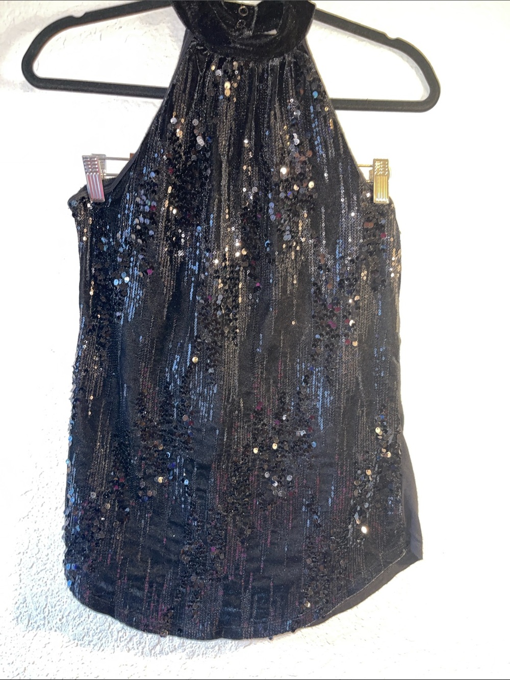 Bisou Bisou Black Sequin Velvet Halter Top